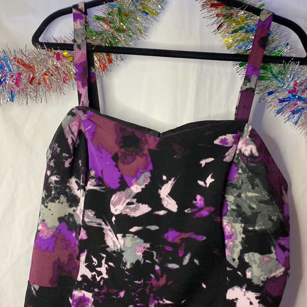 Vintage Lane Bryant Black Floral Mini Dress with Purple and Pink Accents